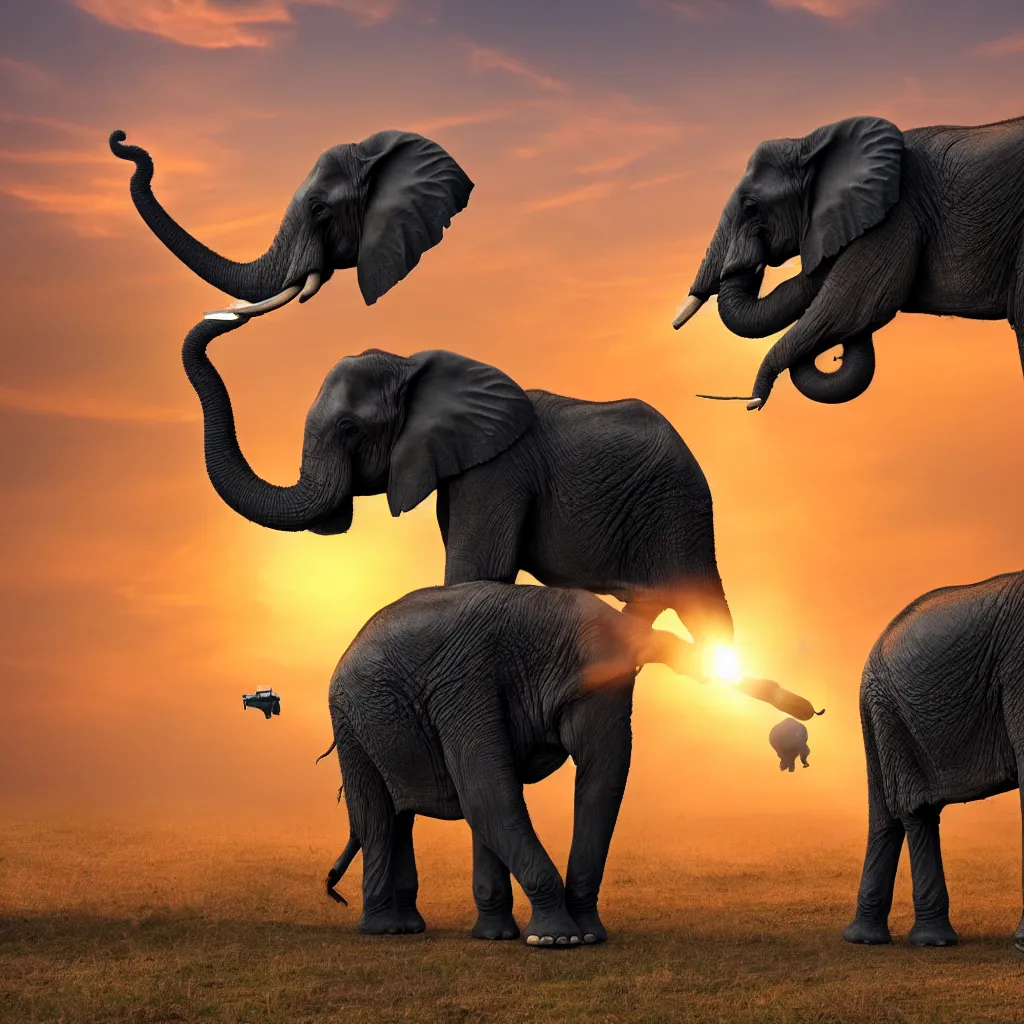 Image similar to elephant shooting lasers from its eyes in front of a sunset