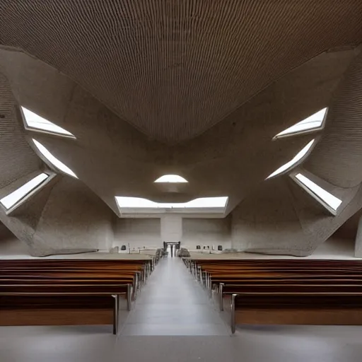 Image similar to a scifi church built in brutalist architecture, diverse unique building geometry full of shapes and corners