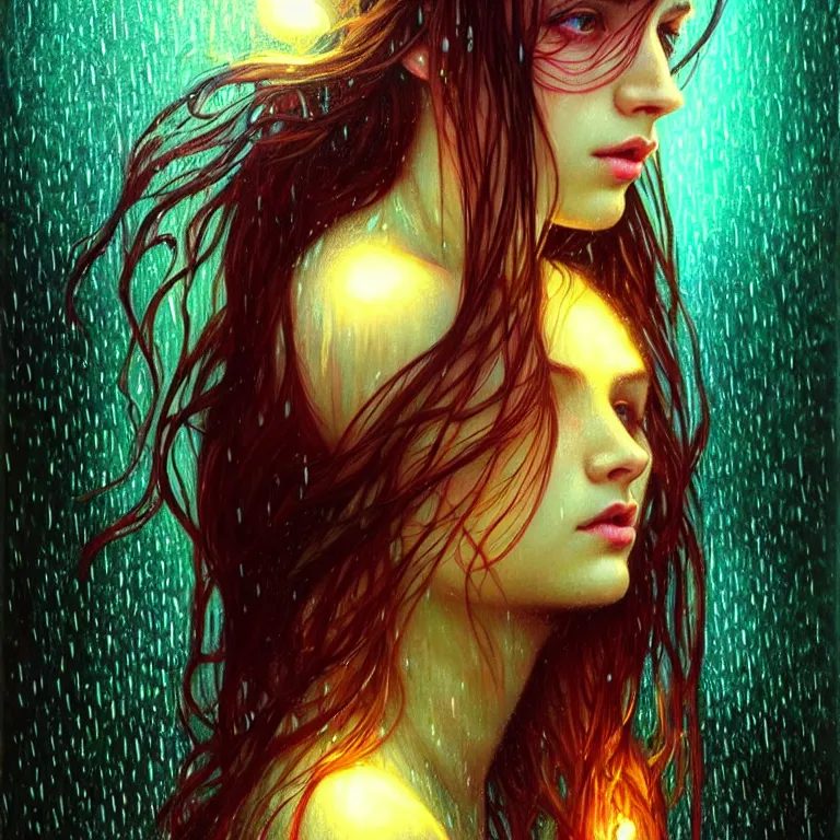 Image similar to bright asthetic portrait LSD glowing backlit rain on face and wet hair, fantasy, intricate, elegant, dramatic lighting, highly detailed, lifelike, photorealistic, digital painting, artstation, illustration, concept art, smooth, sharp focus, art by John Collier and Albert Aublet and Krenz Cushart and Artem Demura and Alphonse Mucha