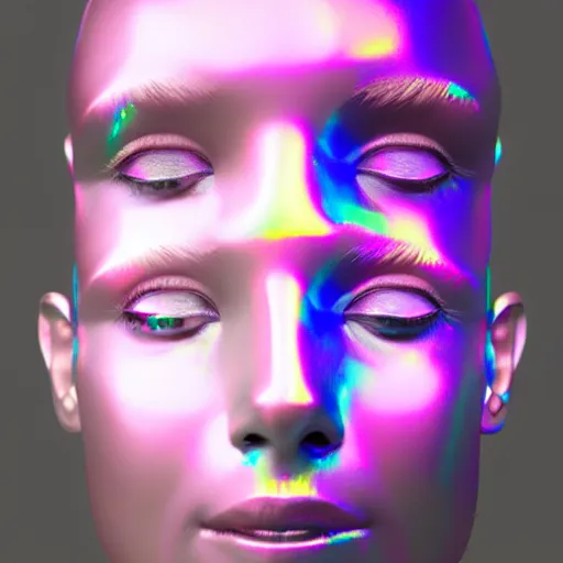 Image similar to 3d render of holographic human robotic head made of glossy iridescent, surrealistic 3d illustration of a human face non-binary, non binary model, 3d model human, cryengine, made of holographic texture, holographic material, holographic rainbow, concept of cyborg and artificial intelligence