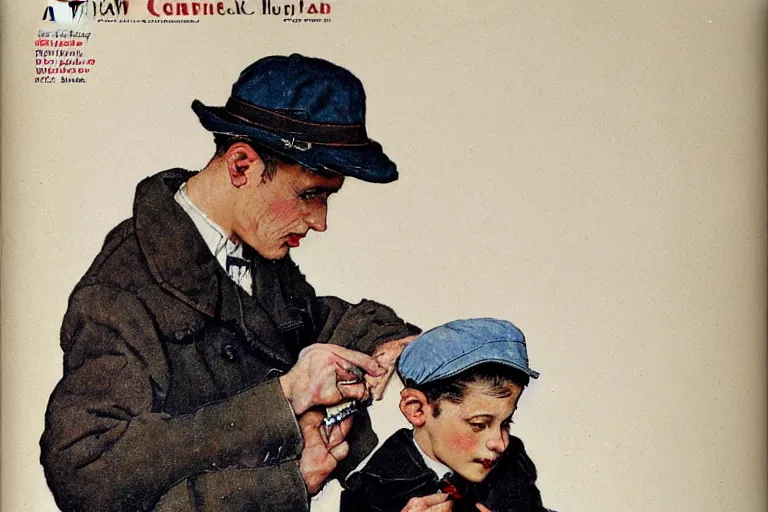 Image similar to a young man wearing a newsboy cap putting on his coat, magazine design, white background, by norman rockwell