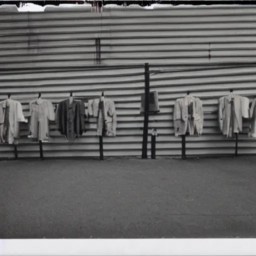 Image similar to wide-shot low-angle photo of empty!!! animated clothes (((heads))) at the street in New York, polaroid photo, by Andy Warhol, signed