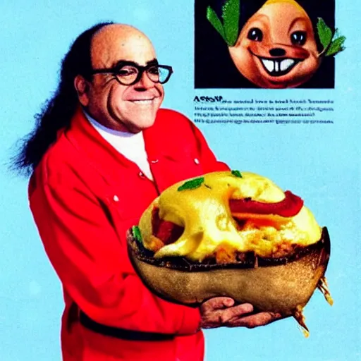 Image similar to 1990s McDonald's advertisement for a baby seal disguised as a loaded baked potato with Danny DeVito