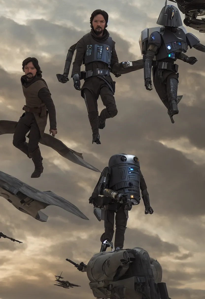 Prompt: cassian andor flying a starship with a droid sidekick