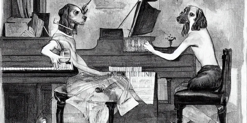 Image similar to sprocker Spaniel playing piano with a Martini on the side, illustration, b&w