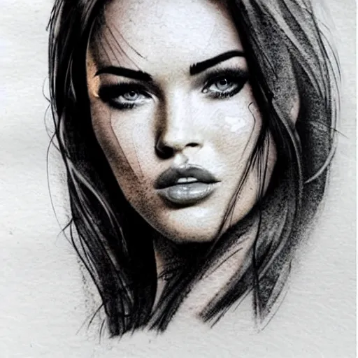 Image similar to double exposure realism tattoo sketch of megan fox with beautiful mountain scenery, in the style of andrey lukovnikov