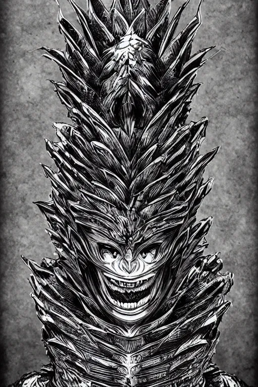 Prompt: screeching pineapple humanoid figure monster wearing themed armour, symmetrical, highly detailed, digital art, sharp focus, trending on art station, kentaro miura manga art style