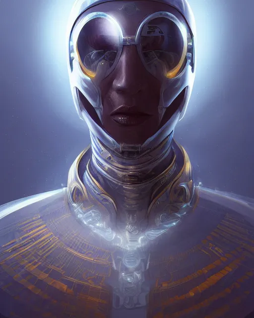 Image similar to detailed portrait of a cyborg, necromancer, benevolant, scifi, futuristic, elegant cape, intelligent, alien room background, white, blue, gold, trending on artstation, soft light, holy machine, advanced technology, art by vitaly bulgarov and nivanh chanthara