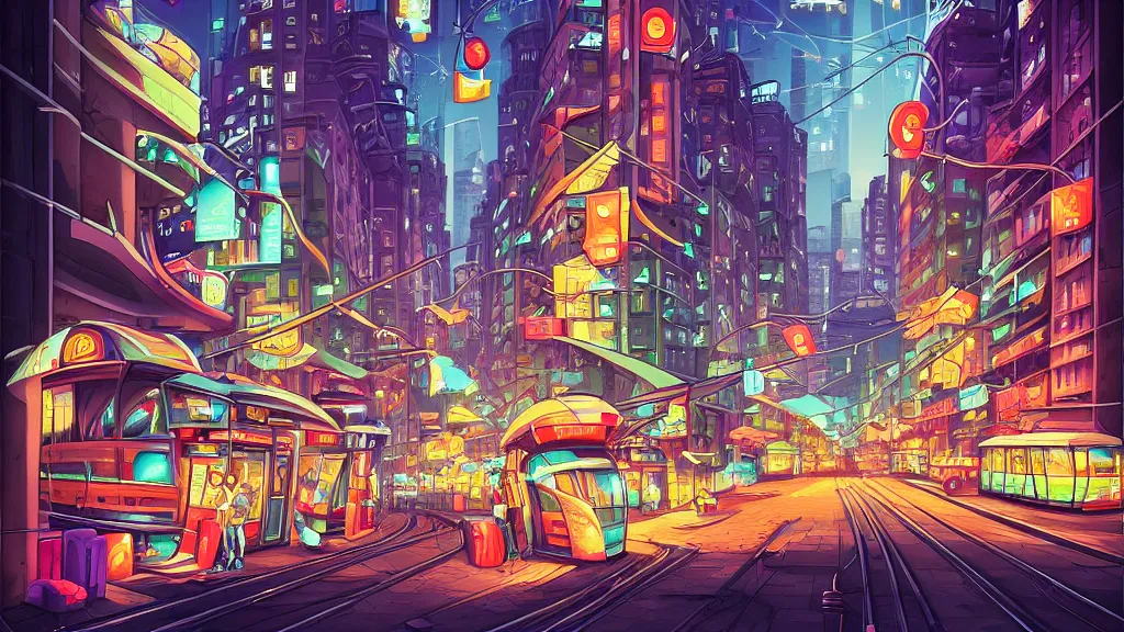 Image similar to street view of the city at night by cyril rolando and naomi okubo and dan mumford and zaha hadid. flying cars. advertisements. neon. tram.