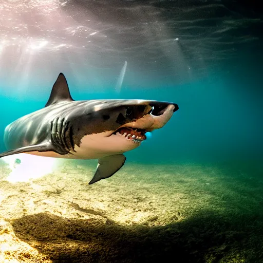 Image similar to A great white shark is swimming towards the viewer out of the dark water, underwater, underwater photography, night, hyperrealism, wildlife photo, trail cam, ultra high detail