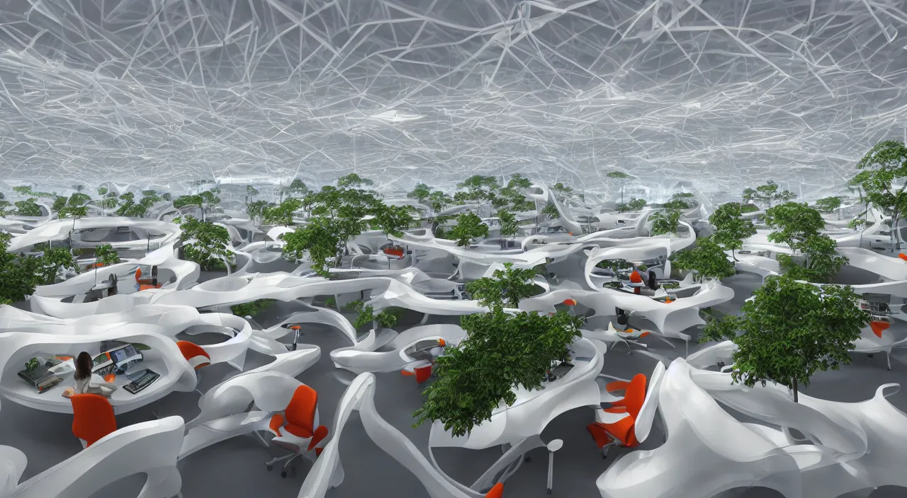 Image similar to futuristic open office with parks and plants, glowing computer screens, made with glossy white plastic and large windows and voluminous light and light rays, extremely intricate, very detailed, in style of zaha hadid, artstation, octane render, with red and orange highlights, cinematic lighting