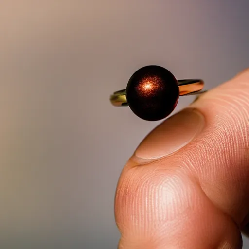 Prompt: A photo a titanium and copper ring containing a view of another planet, held between a thumb and forefinger, 4K f/1.4, sharp focus