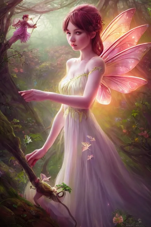 Image similar to a cute fairy in the dreamy forest, fantasy, 8 k resolution, hyper detailed, d & d, character design, digital painting, trending on artstation, sharp focus, illustration, art by artgerm, steve zheng, fuji choko, viktoria gavrilenko, hoang lap