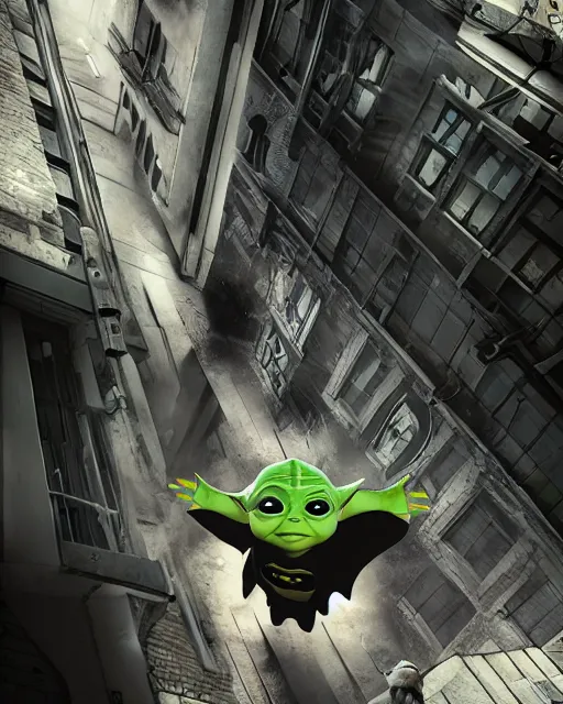 Image similar to epic action still of baby yoda wearing batman outfit as batman hanging upside - down from building in atmospheric alleyway in the style of batman the dark knight rises, 8 k backlit