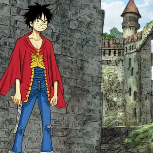 Prompt: luffy in the harry potter universe far away at some ruins from a castle. a wizard is already there and summons a portal that would take me back home.