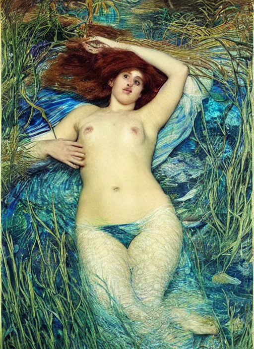 Prompt: lady laying under the sea on the seabed amongst the weeds, underwater shot, submerged, medium shot, on the bed of the river preraphaelite colour photography by william holman hunt, 8 k