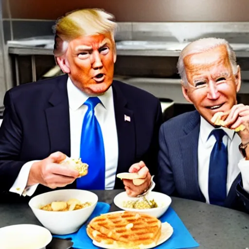 Image similar to photograph of trump and Biden sitting and eating breakfast at a Wafflehouse