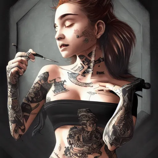 Image similar to captivating bar maid, tattoos, black t - shirt, black skirt, detailed portrait, intricate complexity, by greg rutkowski, artgerm, ross tran, conrad roset, takato yomamoto, ilya kuvshinov. 4 k, beautiful, cinematic dramatic atmosphere