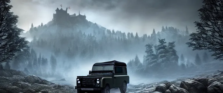 Prompt: Land Rover Defender 110 (1985), an epic fantasy, dramatic lighting, cinematic, establishing shot, extremely high detail, photorealistic, cinematic lighting, artstation, by simon stalenhag, The Elder Scrolls V: Skyrim, Whiterun Hold, Burning Dragonsreach castle in the distance, Battle for Whiterun city, Stormcloaks vs Imperials, Swarms of Stormcloaks and Imperials fighting eachother, Intense fighting, Whiterun city burning, Skyrim Civil War, High casualties, blood and dead soldiers, Corpses everywhere