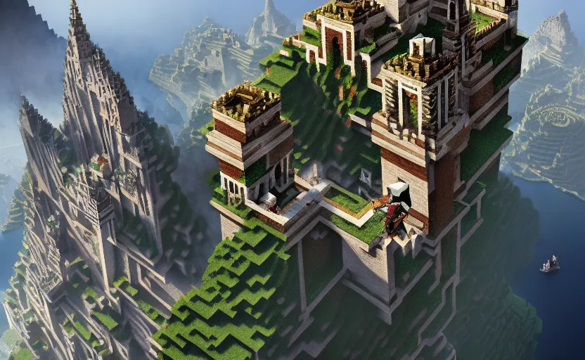 Ascendendo aos céus uma visão panorâmica realista de um mundo minecraft  teleporter stairs generative ai