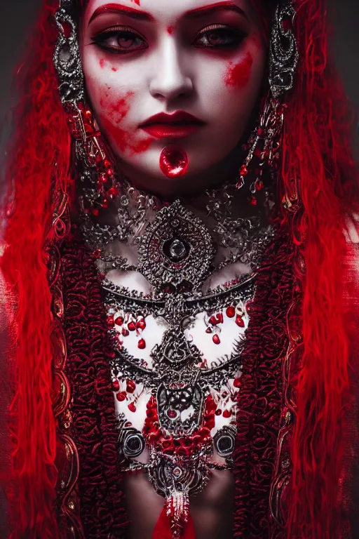 Image similar to portrait of the blood goddess, enigmatic beauty, dominant shades of crimson and red and black, photography, oriental silver ornaments, artstation