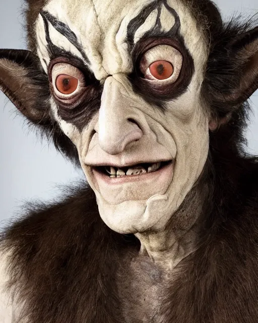 Prompt: actor Marty Feldman in Elaborate Pan Satyr Goat Man Makeup and prosthetics designed by Rick Baker, Hyperreal, Head-shot photos in the style of Annie Leibovitz