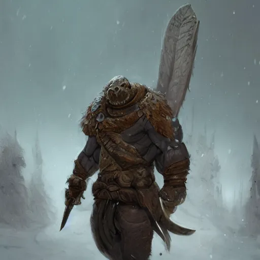 Image similar to anthropomorphic turtle barbarian humanoid, carapace, greg rutkowski, blizzard, winter, night, furs, fantasy