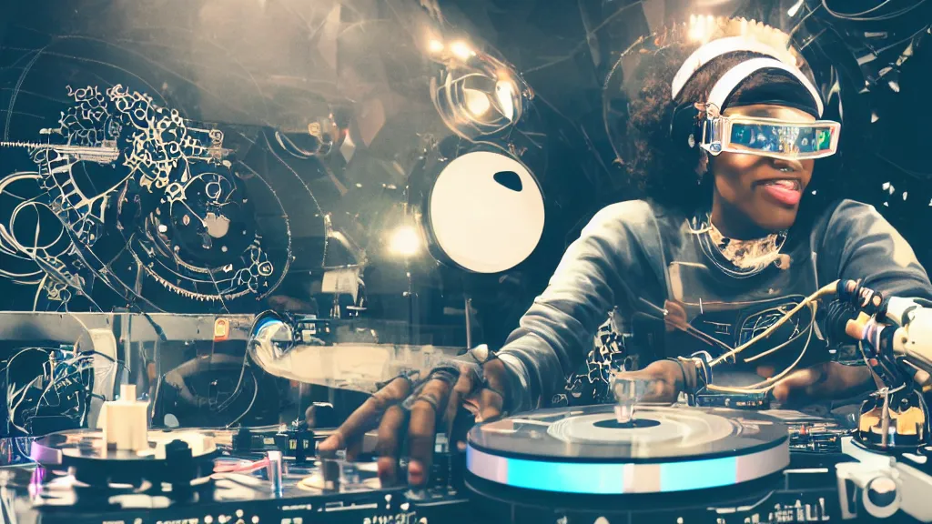 Image similar to a black woman wearing goggles and visor and headphones using an intricate clockwork record player turntable contraption, robot arms, turntablism dj scratching, intricate planetary gears, smoky atmosphere, cinematic, sharp focus, led light strips, bokeh, iridescent, black light, fog machine, hazy, lasers, spotlights, motion blur, color