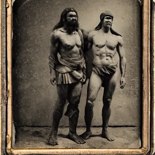 Image similar to spartan man and his helot slave, helot, ancient sparta, daguerreotype photograph, ancient photograph