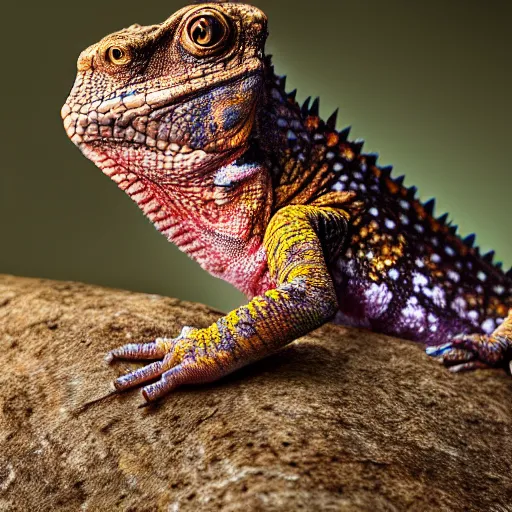 Image similar to single Tokay crocodile chameleon riding a lion, wildlife photography, National Geographic, 4k