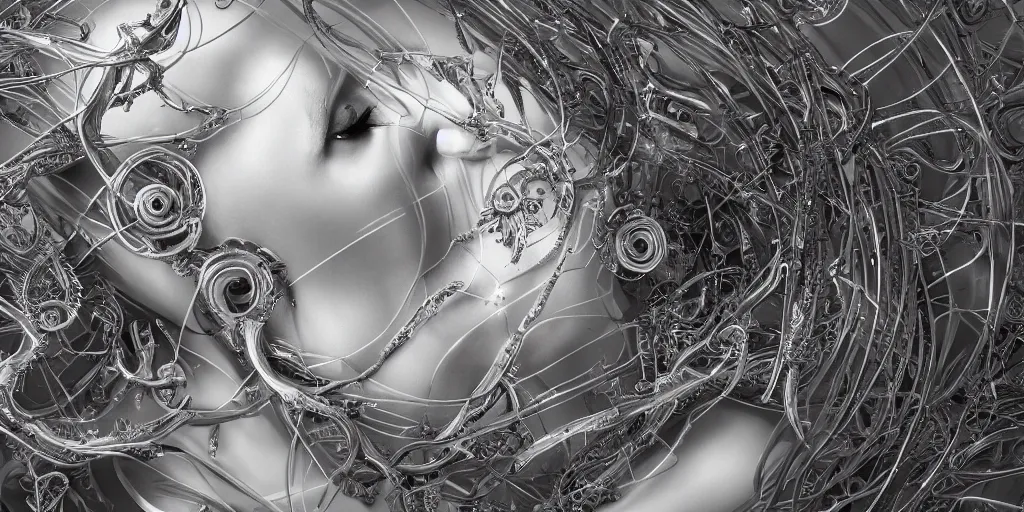 Image similar to hyperrealistic photography of a stunningly beautiful cyborg male, consciences being installed sci - fi, intimate, intricate filigree, fibonacci, in the style of beth cavener, jin kagetsu, and wlop, highly detailed, chrome face symmetry, masterpiece, award winning, sharp focus, concept art, high key, ambient lighting, 8 k, octane render,