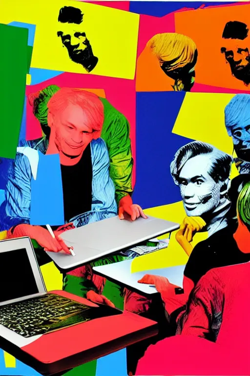 Prompt: 5 men writing code on laptops around a table, pop art, warhol