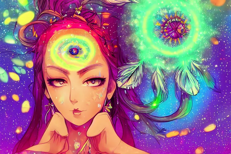 Image similar to psychedelic, full body, whimsical, anime, 4k, beautiful intimate woman holding a fancy dreamcatcher, with professional makeup, long trippy hair that is floating on the water, a crystal and shimmering flower dress, sitting in a reflective pool, surrounded by gems, underneath the stars, rainbow fireflies, trending on patreon, deviantart, twitter, artstation, volumetric lighting, heavy contrast, art style of Ross Tran and Viktoria Gavrilenko and Ilya Kuvshinov