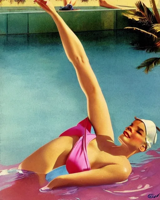 Image similar to tuesday weld swimming in a pink bikini, tuesday weld half immersed in water in a palm springs midcentury swimming pool by gil elvgren, by mort kunstler, by robert maguire