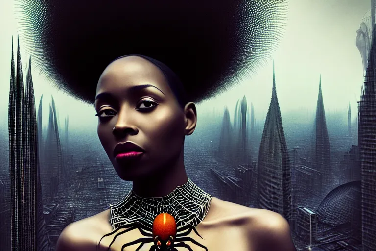 Image similar to realistic detailed photorealistic portrait movie shot of a beautiful black woman with a giant spider, dystopian city landscape background by denis villeneuve, amano, yves tanguy, alphonse mucha, ernst haeckel, david lynch, edward robert hughes, roger dean, cyber necklace, fashion shoot, rich moody colours, cyber patterns, wide angle