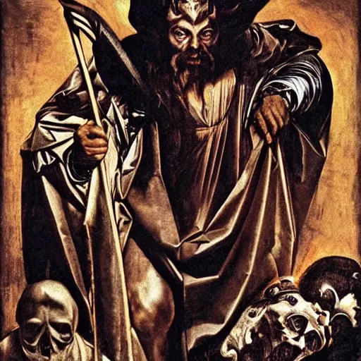 Image similar to george clooney as an evil god of darkness, made by caravaggio, peter paul rubens, diego velazquez, rossdraws, jan van eyck, max ernst, ernst haeckel, ernst fuchs