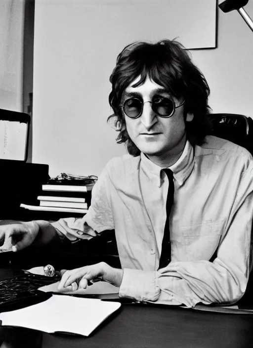 Image similar to john lennon sitting a desk typing on a laptop computer, black and white photo, real, photorealistic