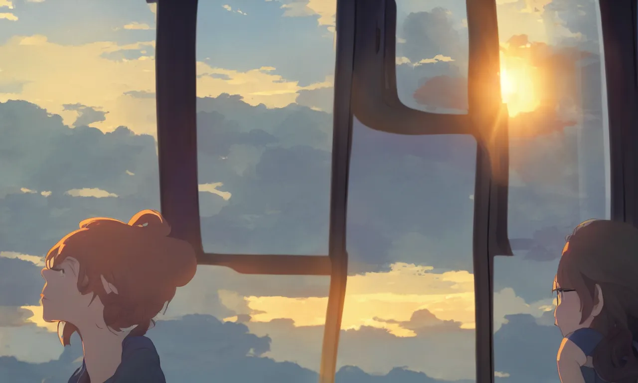 Image similar to Girl sitting in a window seat in a bus at sunset, cinematic lighting, style by Makoto Shinkai