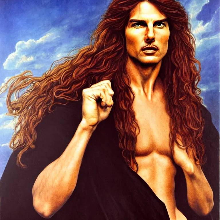 Prompt: Pre-Raphaelite portrait of Tom Cruise as the leader of a cult 1980s heavy metal band, with very long blond hair and grey eyes