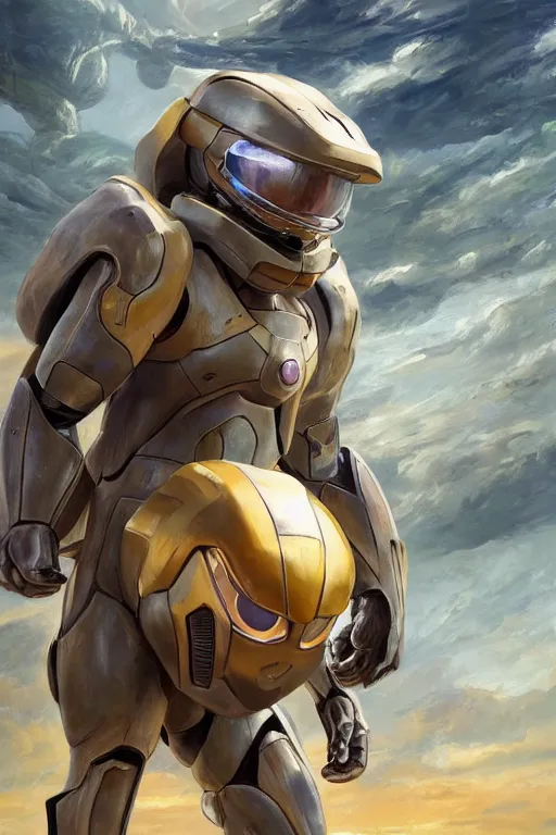 Image similar to meowth pokemon playing as master chief, oil on canvas, intricate, 8 k highly professionally detailed, hdr, cgsociety