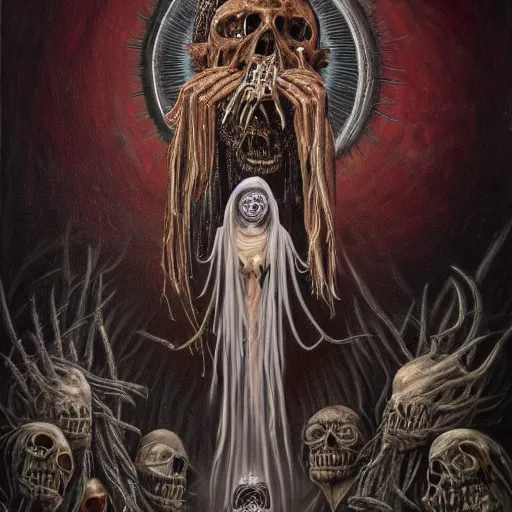 Prompt: santa muerte being awakened by a mexican death cult through a ritual, by anton semenov and amanda sage and h.r. giger in a surreal dark horror style, oil on canvas, 8k, hd,