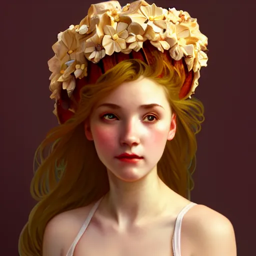 Image similar to portrait of a girl with a bundt cake on her head, digital art, cinematic, concept art, 8k, painting, imaginefx, cgsociety, art nouveau, Alphonse Mucha, trending on artstation, wide shot, full shot