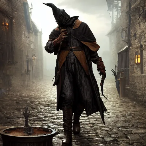 Prompt: A man draped in a ankle-length overcoat with leather gloves and boots wearing a bird-like beak mask in a medieval village by Greg Rutkowski, Bloodborne, 4k photorealistic, volumetric lighting, HD, subtle details, dramatic, trending on artstation