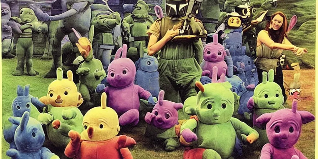 Image similar to a mandalorian playing with teletubbies by richard corben