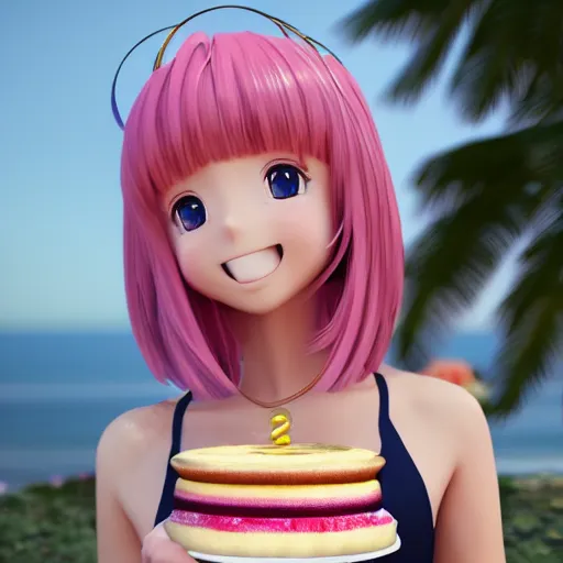 Image similar to Render of a beautiful 3d anime woman holding a birthday cake to show the camera, long light pink hair, full bangs, hazel eyes, cute freckles, full round face, soft smile, Chinese heritage, cute checkerboard sundress, golden hour, serene beach setting, medium shot, mid-shot, hyperdetailed, trending on Artstation, Unreal Engine 4k