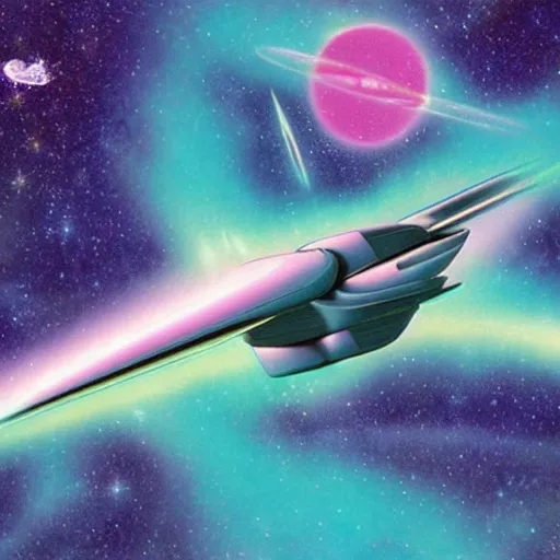 Prompt: starship flying through space, vaporwave style, 1 9 9 2 4 k masterpiece