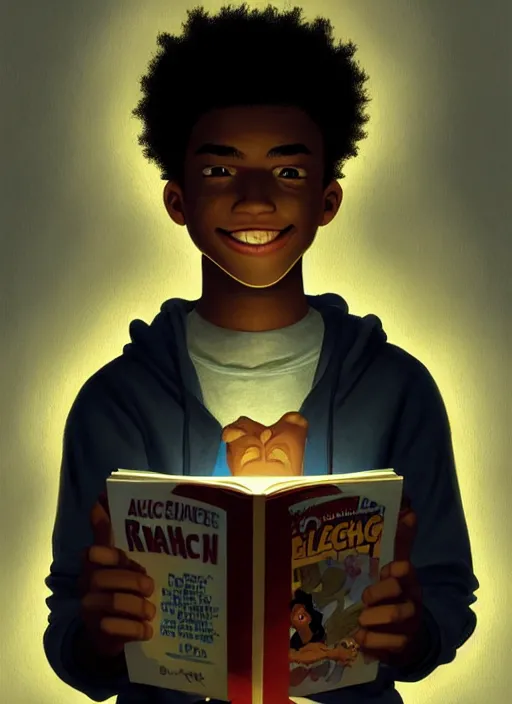 Image similar to portrait of teenage chuck clayton, black teenage boy, very short curly hair, very short hair, square jaw, slight excited smile, reading archie comic book, intricate, elegant, glowing lights, highly detailed, digital painting, artstation, concept art, smooth, sharp focus, illustration, art by wlop, mars ravelo and greg rutkowski