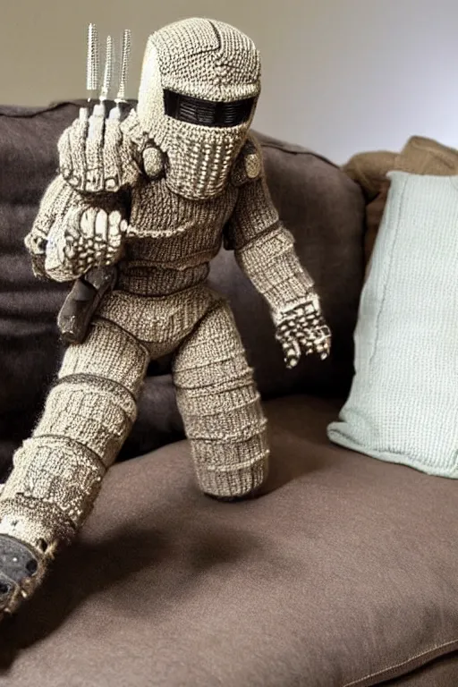 Image similar to knitted power armor from fallout lies on the couch