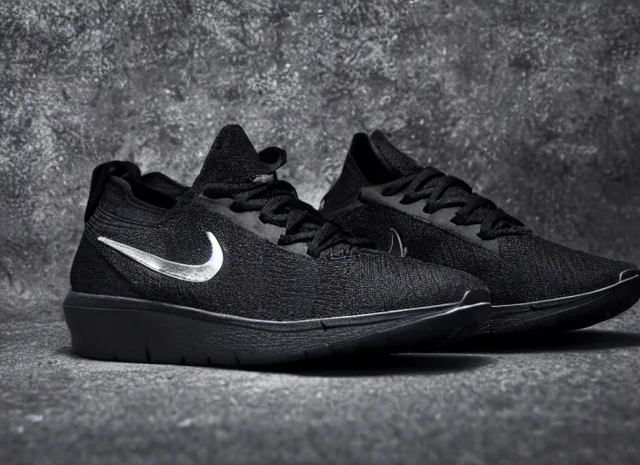 Prompt: product still of Black Panther signature Nikes, black with silver panther teeth accents, 85mm f1.8
