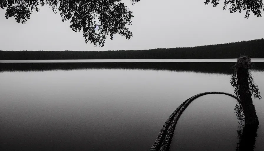 Image similar to photograph of an infinitely long rope floating on the surface of the water, the rope is snaking from the foreground towards the center of the lake, a dark lake on a cloudy day, trees in the background, moody scene, anamorphic lens, kodak color film stock